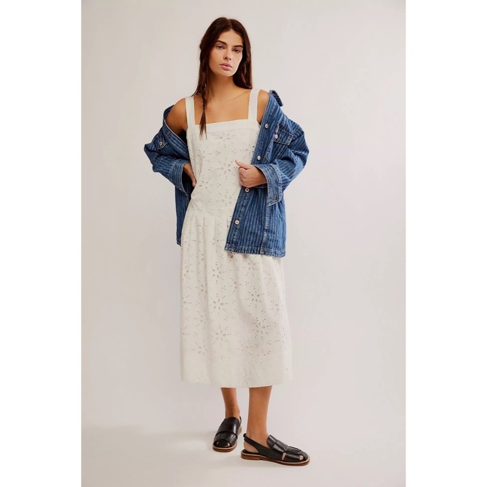 NWT!!‎ FREE PEOPLE Primavera Eyelet Midi Dress Embroidered Solid White Large